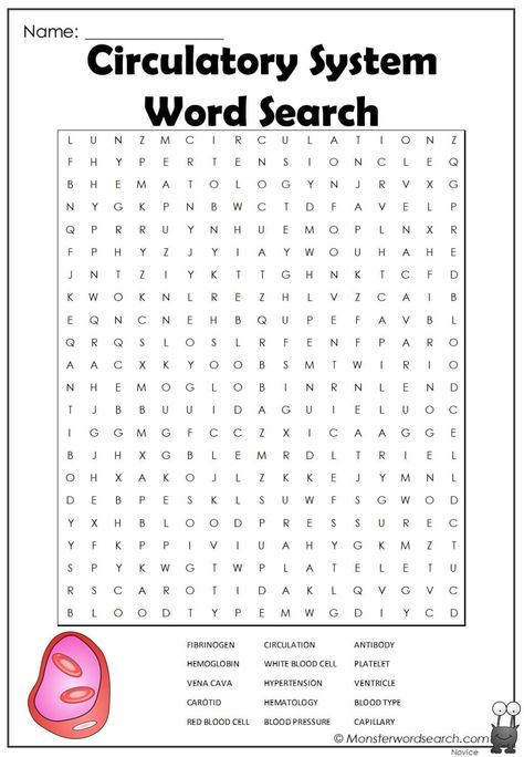 Circulatory System Word Search- Monster Word Search Circulatory System Activities, Human Body Unit Study, Heart Lesson, Scientific Revolution, Anatomy Coloring Book, Free Printable Word Searches, Holiday Worksheets, Human Body Unit, Engineering Activities