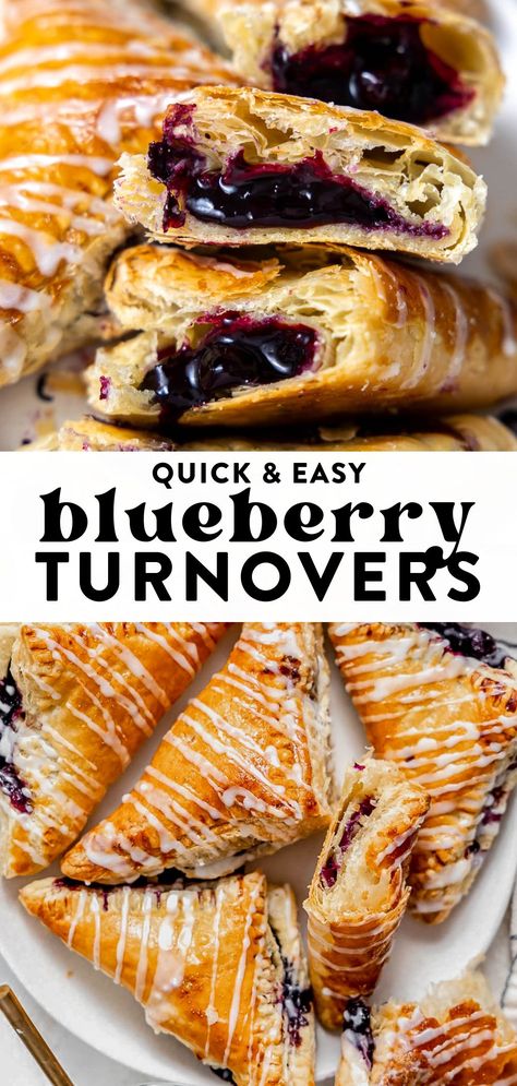 These flaky blueberry turnovers are made with buttery, flaky puff pastry and filled with gooey blueberry filling. They’re perfect quick and easy dessert or sweet breakfast. Easy Pastry Breakfast, Blueberry And Puff Pastry Recipes, Winter Pastry Recipes, Blueberry Pastry Puff, Blueberry Turnovers Puff Pastries, Easy Breakfast Pastry Recipes, Puff Pastry Breakfast Ideas, Blueberry Puff Pastry Recipes, Easy Breakfast Pastry