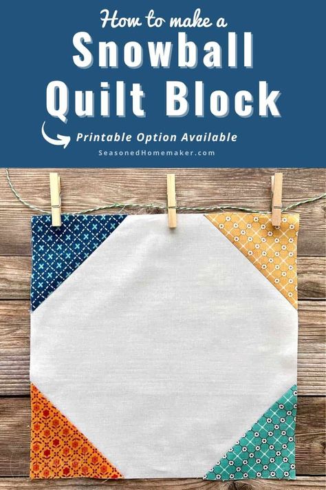 Learn How to make a Snowball Quilt Block. It is one of the most versatile blocks and it can work as a stand alone or connector block. Snowball Quilt Block, Quilting Patterns For Beginners, Beginner Quilting Projects, Snowball Quilts, Quilt Techniques, Big Block Quilts, 9 Patch Quilt, Christmas Quilt Patterns, Block Quilts