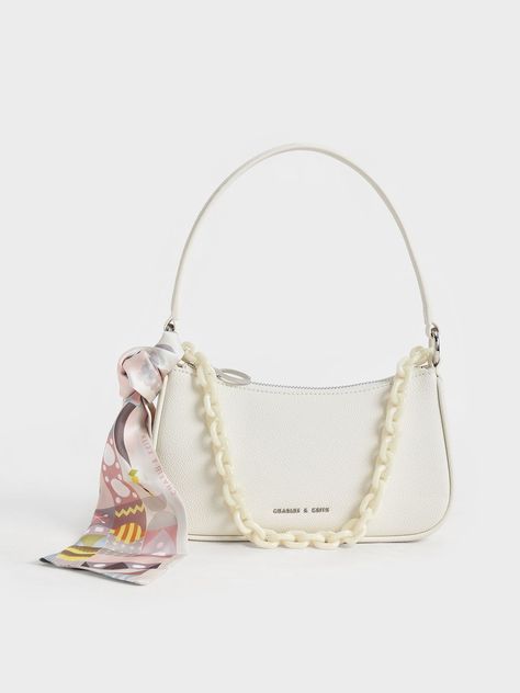 Cream Alcott Scarf Chain-Link Shoulder Bag - CHARLES & KEITH International Tas Prada, Charles And Keith Bags, Favourites List, Tas Mini, Bathroom Stuff, Tas Bahu, Tas Fashion, Printed Scarf, Lunch Date