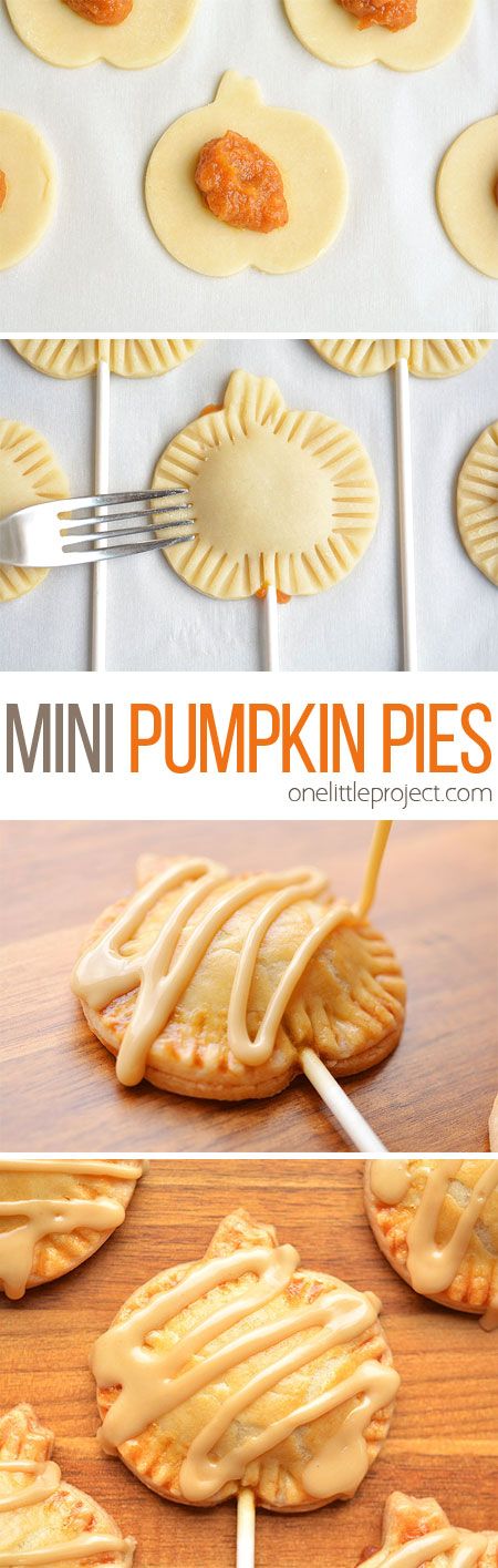 These mini pumpkin pie pops are SO CUTE!! They have all the flavours of pumpkin pie with an amazing maple sugar glaze on top. A perfect treat idea for Halloween or Thanksgiving! Handheld Pumpkin Pies, Pies Dessert, Mini Pumpkin Pie, Dessert Fall, Idea For Halloween, Pie Pops, Mini Pumpkin Pies, Mini Torte, Pumpkin Pies