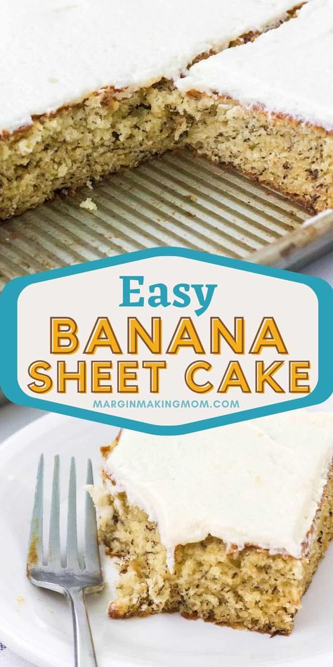 This homemade banana sheet cake is a classic southern dessert made with ripe bananas, for a delightfully sweet treat that serves a crowd! It's easy to make and disappears fast! Light And Fluffy Frosting, Banana Sheet Cake, Banana Sheet Cakes, Cake With Frosting, Banana Recipes Overripe, Fluffy Frosting, Comfort Desserts, Impressive Desserts, Easter Desserts