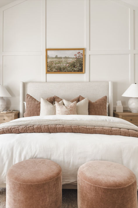 Primary bedroom refresh with pops of pink, creamy whites, neutral wood tones for a cozy spring refresh!   These rosewood ottomans give the perfect pop of color and statement in my bedroom Bedroom refresh, spring refresh, pops of pink, creamy whites, neutral wood tones, light and bright, neutral home, aesthetic bedroom, ottoman faves, wooden furniture, Pottery Barn style, furniture favorites, lamp favorites, cozy bedding, throw pillow, Pottery Barn style, spring canvas art, cozy quilt Unique Bed Design, Beautiful Bedroom Designs, Minimalist Bedroom Decor, Italian Bed, Zen Bedroom, Fall Bedroom, Bedroom Decor Inspiration, Bedroom Retreat, Bedroom Refresh