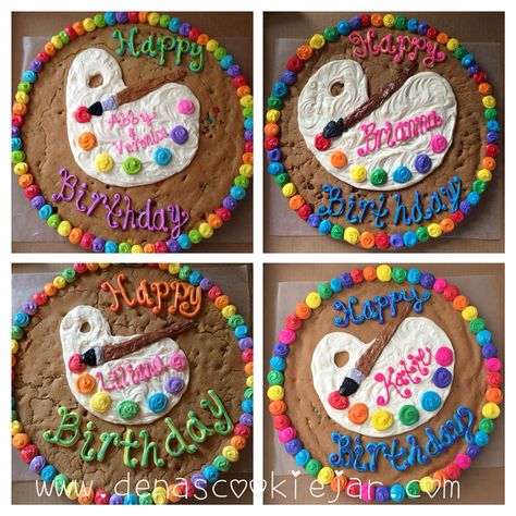 Paint Palette Cookie Cakes Cookie Cake Paint Palette, Paint Party Cookie Cake, Giant Chocolate Chip Cookie, Painting Birthday Party, Paint Themes, Painting Birthday, Cookie Cake Birthday, Chocolate Chip Cookie Cake, Paint Cookies