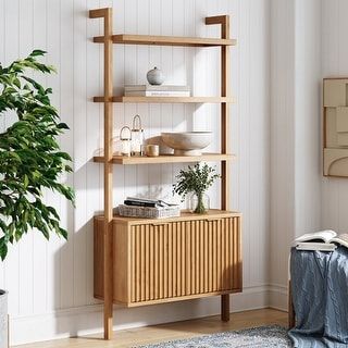 Jasper 3-Shelf Solid Wood Boho Bookshelf, Wall Mounted Bookshelf with Cabinet with Fluted Doors - Bed Bath & Beyond - 40277569 Fluted Cabinet Door, Hallway Bookshelf, Boho Bookshelf, Bookshelf With Cabinet, Rattan Bookcase, Bookshelf Wall Mounted, Wall Bar Shelf, Fluted Cabinet, Mounted Bookshelf