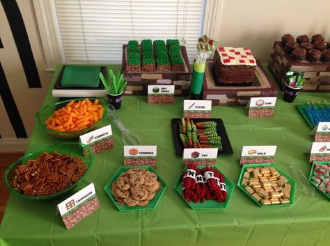 Minecraft Birthday Party Food Ideas | Minecraft Birthday Party Ideas Backdrop Streamers, Minecraft Party Food, Diy Minecraft Birthday Party, Birthday Straws, Minecraft Party Decorations, Tassel Banner, Minecraft Food, Brown Items, Happy Birthday Boy