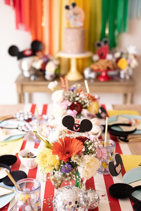 Kara's Party Ideas Vintage Disneyland Party | Kara's Party Ideas Disneyland Centerpieces Birthday, Disney Adult Birthday Party, Disney Theme Party Decorations, Disney Themed Cupcakes, Adult Disney Party, Vintage Mickey Mouse Birthday, Vintage Disneyland Party, Mickey Party Decorations, Mickey Cookies