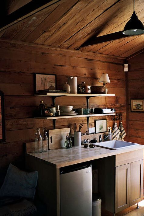 Woodsy House, Tiny Cabin Kitchen, Bunkie Ideas, Woodsy Cabin, Beaver Lodge, Cabin Vibes, Ranch Ideas, Rental Space, Cabin Kitchens