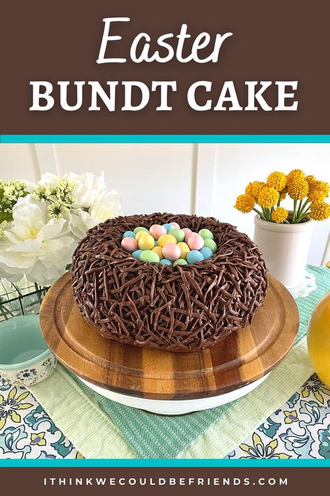 This Easter bundt cake recipe will be a delicious dessert for your next celebration! An easy milk chocolate bundt cake quickly transforms into a robin's nest with a little frosting and candy eggs. #bundt #cake #easter #dessert #chocolate #nest #frosting Mini Egg Cake Easter, Spring Form Cake Recipes, Easter Bunny Bundt Cake, Easter Basket Bundt Cake, Easter Desserts Bundt Cake, Easy Easter Bundt Cakes, Easter Chocolate Cake Decorations, Easter Cake Recipes Easy, Easter Cakes Ideas