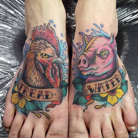 Just finished these used my @tat2ls machines #tattooartist #colourful #tattoo… Pig And Chicken Tattoo, Pig And Rooster Tattoo, Rooster Tattoo Ideas, Colourful Tattoo, Nautical Tattoo Sleeve, Chicken Tattoo, Rooster Tattoo, Sailor Tattoos, Military Tattoos