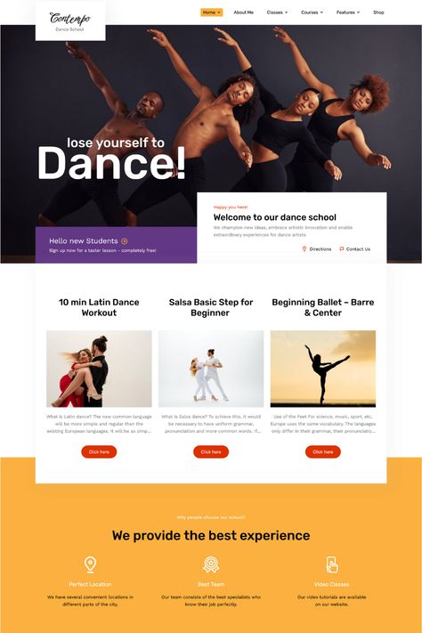 Contempo is a sleek and modern WordPress theme designed for dance schools and studios. With its customizable features and intuitive design, this theme is perfect for creating a professional and engaging website to showcase your dance classes and events. The theme includes pre-built pages for showcasing your classes, events, and instructor profiles. It also comes with a powerful page builder, advanced theme options, and support for popular plugins like WooCommerce and WPML. Dance Studio Website, Ballet Barre Workout, Dance Studio Design, Dance Studio Decor, Salsa (dance), Studio Website, Intuitive Design, Event Website, Dance Classes