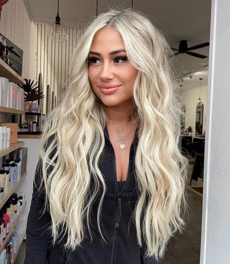 Bleach Blonde Hair Extensions, White Blonde Hair With Extensions, Icy Blonde Hair Extensions, Blonde Hair To The Root, Bright Blonde Extensions, Long Beach Blonde Hair, Extremely Blonde Hair, Bright Blonde Hair Extensions, Long Blonde Wavy Hair Extensions