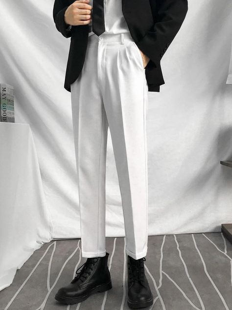 Men Slant Pocket Fold Pleated Tailored Pants | SHEIN USA All White Fashion Men, Pleated Slacks Outfit, White Pants Outfit Men Casual, Man White Pants, White Dress Pants Men, White Slacks Outfit, White Trousers Men, White Trousers Outfit Men, Pleated Trousers Men