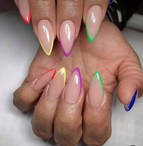 Almond Nails Designs Summer Black Women, Almond Nails With Colored French Tip, Bright Color French Tip Nails Almond, Spring Nail Inspo Stiletto, Almond Nails Different Colors, Colorful French Tip Almond Nails, Nail Designs Tips Only, Trendy Spring Nails 2024 Almond, Nails Almond Shape Design