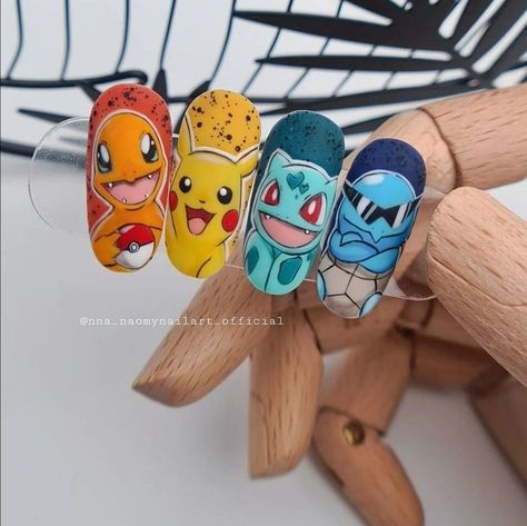 Charmander Nail Art, Pokemon Nail Art Designs, Video Game Nail Designs, Charmander Nails, Cartoon Nails Disney, Easy Easter Nails, Cartoon Nail Art Designs, Pokemon Nail Art, Pikachu Nails