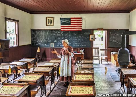 A historical reenactor playing the role of a school teacher in a one room schoolhouse at Old Bedford Village. One Room Schoolhouse, Western Pennsylvania, Old School House, Living History Museum, Colonial America, School House, Living History, History Museum, School Teacher