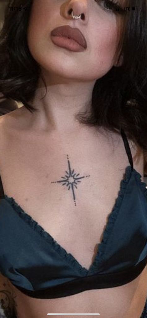 Dainty Chest Tattoo Female, Center Chest Tattoo, Small Chest Tattoos Female, Cleavage Tattoos, Small Chest Tattoo Female, Small Chest Tattoos, Ink Therapy, Aquarius Season, Hand Tats