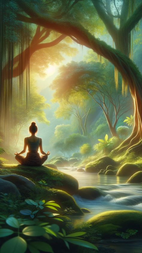 Experience tranquility with this serene image of a woman meditating by a stream in a lush forest. Capturing a moment of deep calm and connection with nature, this scene inspires inner peace, mindfulness, and harmony with the natural world. Ideal for those seeking a peaceful retreat into nature's embrace. Meditation For Vision Board, Calm Images Nature, Mindful Phone Wallpaper, Meditation Asthetic Picture, Meditation Photos Mindfulness, Meditation Photos Nature, Calm Mind Wallpaper, Peaceful Images Serenity, Meditation Images Spiritual