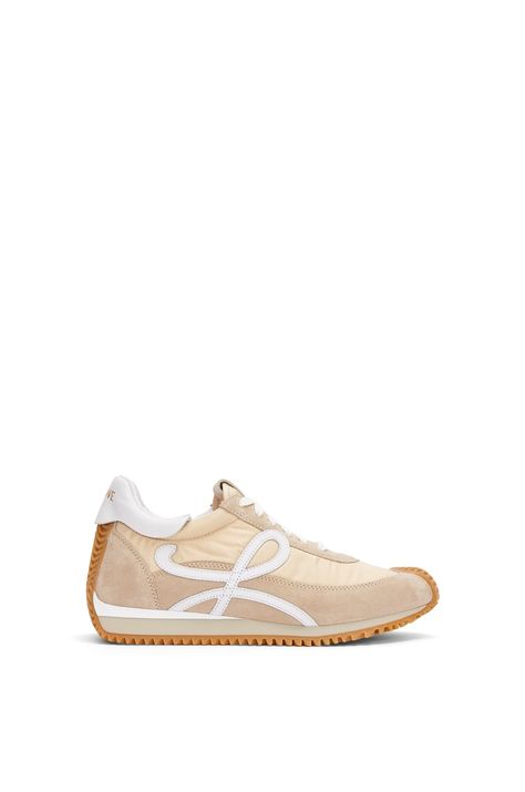 LOEWE Flow Runner in nylon and suede Light Powder 2024 Sneaker Trends Women, Loewe Flow Runner, Grace Wales Bonner, L Monogram, Kitten Heel Slingbacks, Denim Wallet, Retro Trainers, Adidas Sneakers Women, Wales Bonner