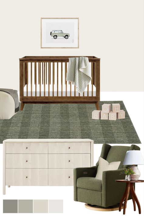 Nursery decor mood board with a dark brown crib and green accent tones! Masculine nursery decor ideas Dark Wood Nursery, Tilly Upholstered Bed, Green Baby Nursery, Green Nursery Boy, Brown Crib, Brown Nursery, Boys Nursery Decor, Nursery Decor Ideas, Nursery Decor Inspiration