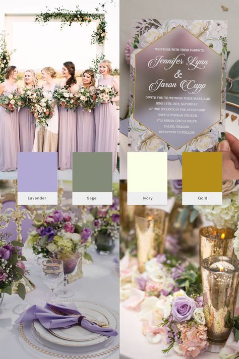 Lavender Sage Ivory Gold Lavender Wedding Color Palettes 2023 Bridemaids Dress Bridal Party Table Setting Invitation Centerpieces Bouquet Wedding Cake Color Palettes 2023, Bridal Party Table, Lavender Wedding Colors, Sage Wedding Colors, Lavender Color Palette, Tangled Wedding, Wedding Color Scheme, Wedding Color Palettes, Wedding Motifs