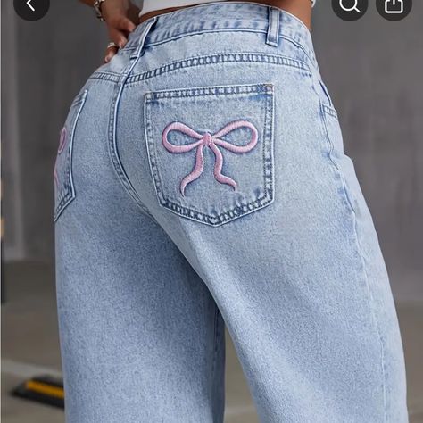 Brand New, Perfect Condition Bow Jeans, Wide Legged Jeans, Embroidered Bow, Jean Pockets, Star Jeans, Light Blue Jeans, Cute Jeans, Embroidered Jeans, Best Jeans