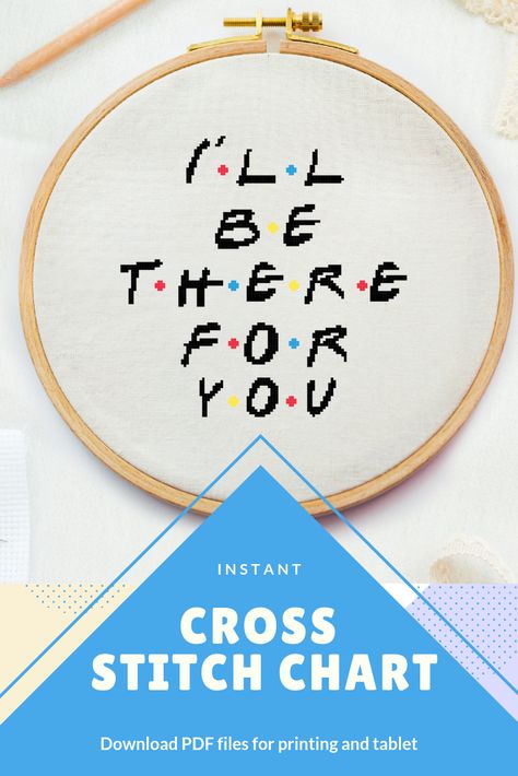 Friends TV show I'll be there for you cross stitch, Rachel friends episode embroidery, friends serial, friends sitcom, Friends show cross  This PDF counted cross stitch pattern available for instant download.  Skill level: Beginner.  Floss: DMC  Fabric: 14-count   Hoop: 10 inches  SIZE: Design Area: 140 h x 140 w stitches. Area of embroidered image 10 x 10 inches Friends Tv Show Cross Stitch Pattern, Hand Embroidery Fonts, Fonts Cross Stitch, Embroidery Friends, Serial Friends, Friends Sitcom, Quote Friends, Friends Episode, Counted Cross Stitch Patterns Free