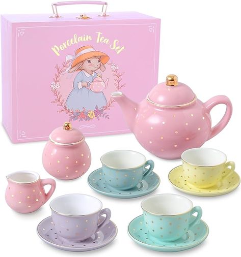 Porcelain Tea Set for Girls - Pastel with Gold Polka Dot Tea Party Set for Kids I Complete Children Tea Sets with Carry Case, Birthday Gift for Little Girls & Toddlers, Tea Sets - Amazon Canada Girls Tea Set, Mini Tea Set, Clean Crafts, Tea Party Setting, Cute Teapot, Girls Tea Party, Kids Cleaning, Traditional Toys, Porcelain Tea Set