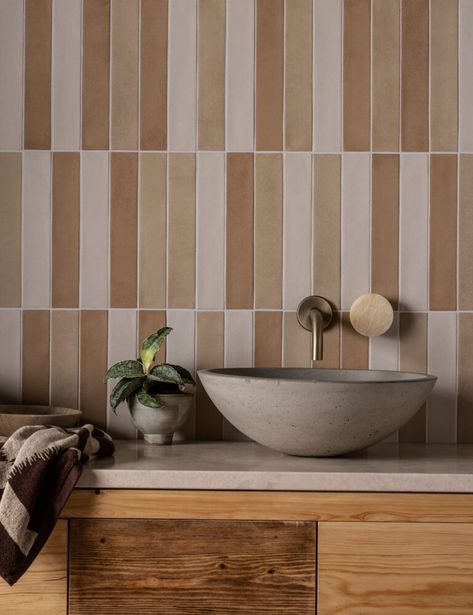 Earth Tone Tile Bathroom, Mixed Tile Bathroom, Bathroom Earth Tones, Cob Bathroom, Bathroom Tile Options, Warm Tiles, Ivory Decor, Mandarin Stone, Brick Tile