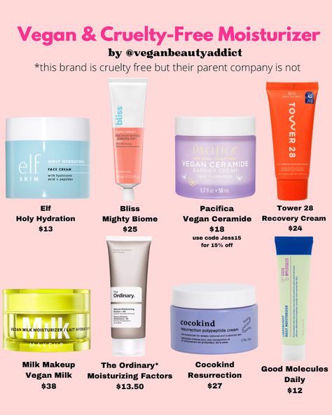 CRUELTY-FREE & VEGAN MOISTURIZER 🐇🌱 I asked what you would like to see and I got a lot of requests for more skincare and moisturizers!! These are some of my personal favorites and a few that I know a lot of people love! What are your favs? #veganskincare #crueltyfreeskincare #elfcosmetics #skincare #drugstoreskincare #sephora #crueltyfree #veganbeautyreview #vegansofig #tower28 #pacificabeauty #ulta #veganbeautyaddict #cocokind #veganmakeupshare #crueltyfreemakeup Cruelty Free Skincare, Vegan Vegan Cruelty Free Skincare, Vegan And Cruelty Free Skin Care, Cruelty Free Skin Care Routine, Cocokind Skincare, Vegan Skincare Routine, Vegan Skincare Products, Cruelty Free Skincare, Korean 10 Step Skin Care, Dry Brushing Skin