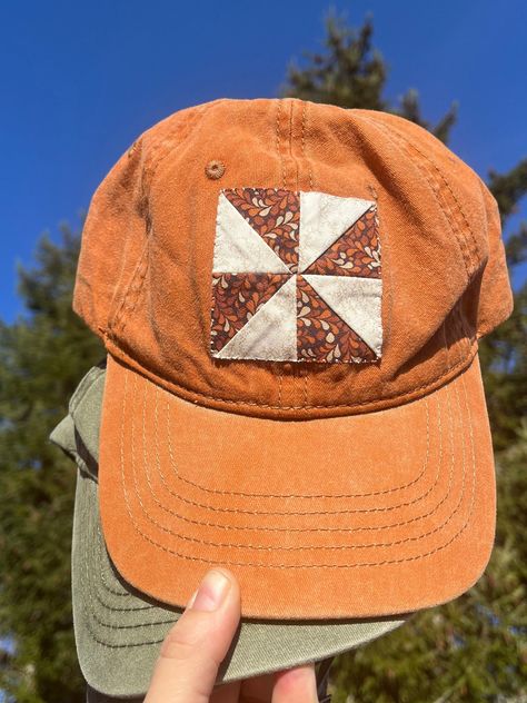 Quilted pinwheel baseball cap Hand sewn Adjustable brass buckle Hand Sewn Patches, Sewing Machine Projects For Beginners, Embroidery Hats Baseball Caps, Fun Crafts For Adults, Quilted Accessories, Quilt Clothing, Sewing Gift Ideas, Sewn Patches, Sewn Gifts