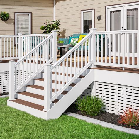 Available in a variety of sizes and baluster options, Bella Premier Series is a versatile railing option for those interested in superior performance and visual appeal. Freedom Bella Premier Series 8-ft x 3-in x 3-ft White Vinyl Deck Stair Rail Kit | 73053498 White Deck Railing Ideas, Outdoor Stair Railing Ideas Porch Steps, White Front Porch Railing, White Railing Deck, White Painted Deck, White Deck Railing, Porch Step Railing, Vinyl Deck Railing, Deck Stair Railing