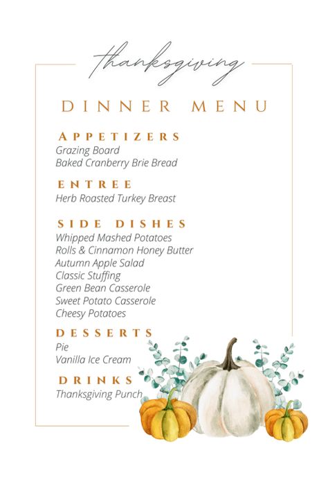 Thanksgiving Menu List, Thanksgiving Menu Template, Herb Roasted Turkey Breast, Friendsgiving Menu, Thanksgiving Punch, Side Dishes For Ham, Friendsgiving Dinner Party, Thanksgiving Table Setting, Thanksgiving Friendsgiving