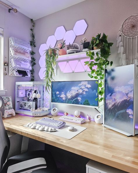 Happy Monday lovelies 🪻🤍🌸 Couple Gaming Room Setup, Video Game Room Decor, So Over It, Purple Desk, Cozy Desk, Pink Games, Gamer Setup, Pink Desk, Video Game Room Design