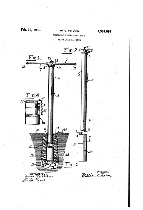 Patent US1991087 - Removable clothesline pole Outdoor Clothes Lines, Concrete Fence Posts, Clothesline Poles, Wine Bottle Bird Feeder, Wood Cart, Fence Wall Design, Split Rail Fence, Rail Fence, Fence Art