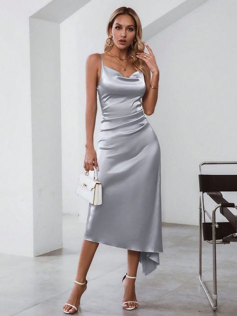 Silver Elegant Collar Sleeveless Satin Plain Cami Embellished Slight Stretch  Women Clothing Silk Silver Dress, Satin Midi Dress Outfit, Bodycon Dress With Jacket, Silver Silk Dress, Silver Satin Dress, Grey Satin Dress, Midi Dress Outfit, Satin Cami Dress, Satin Bodycon Dress