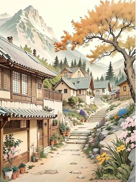 Coloring Aesthetic, Anime House, Watercolor Scenery, Zen Painting, Chinese Artwork, Beauty Paintings, Ancient Paintings, Cottage Art, Landscape Art Painting