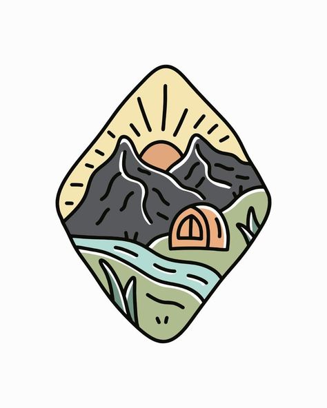 monoline of camping mountain outdoor wildlife for t-shirt, sticker, and badge design vector Outdoor Badge Design, Simple T Shirt Design, Logo Camping, Mountain Stickers, Camping Stickers, Camp Shirt Designs, Groovy Art, Shirt Painting, Icon Set Design