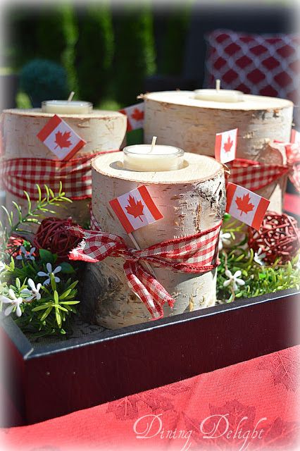 Dining Delight: Canada Day Birch Log Centerpiece Birch Log Centerpiece, Canadian Decor, Happy Birthday Canada, Canada Day Fireworks, Canada Party, Canadian Party, Canada Day Crafts, Log Centerpieces, Canada Day Party