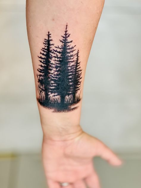 Spruce Tree Tattoo, Evergreen Tattoo, Tree Tattoo Black, Evergreen Tree Tattoo, Trees Tattoo, Pine Tattoo, Tree Tattoo Arm, Small Pine Trees, Hunting Tattoos