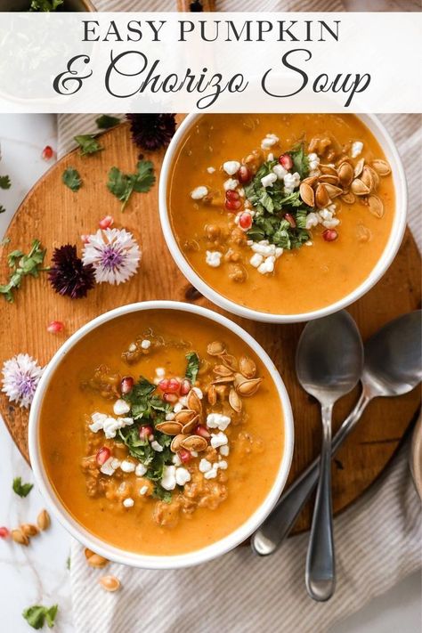 This Chorizo and Pumpkin Soup is a delicious bite full of seasonal goodness. The combination of pumpkin and chorizo is magical! It is the perfect fall soup. To find this Chorizo and Pumpkin Soup recipe visit Sugar Maple Farmhouse. Chorizo Pumpkin Chili, Butternut Squash Soup With Chorizo, Pumpkin And Chorizo Soup, Mexican Pumpkin Soup, Zupas Pumpkin Chorizo Soup Recipe, Chorizo Pumpkin Soup, Pumpkin Chorizo Soup Zupas, Pumpkin Chorizo Soup, Soup Chorizo