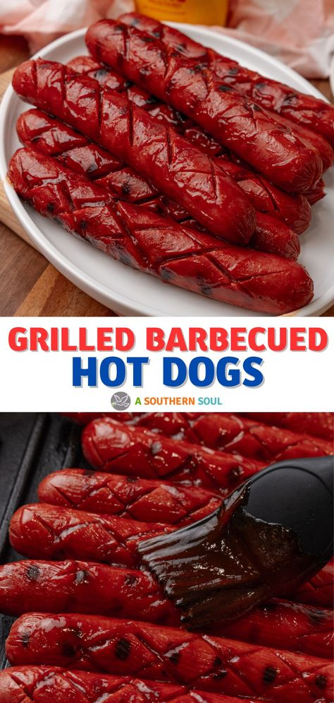 Made with yummy beef hot dogs and kicked-up store-bought barbecue sauce, these Grilled Barbecued Hot Dogs are the ultimate cookout recipe! Marinated Hot Dogs Recipes, Homemade Barbeque Sauce, Hot Dogs Recipes, Grilling Hot Dogs, Hot Dog Sauce, Southern Cooking Recipes, Hot Dog Toppings, Beef Hot Dogs, Cookout Food