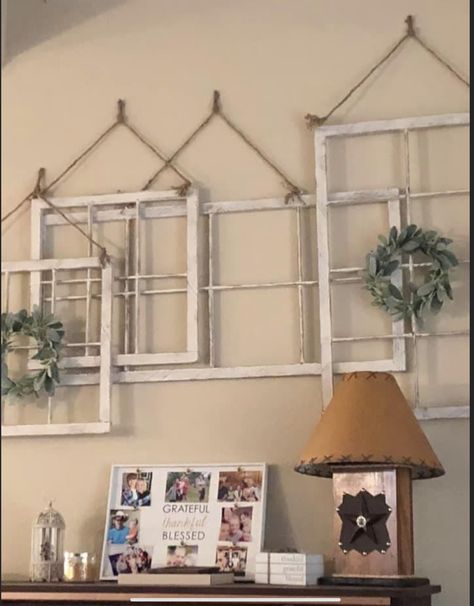 Window Frame Decor Bedroom, Farmhouse Window Pane Wall Decor, Wall Art Between Two Windows, Window Pane Ideas Wall Decor, Window Pane Crafts, Ladder Wall Decor, Window Pane Art, Old Window Decor, Farmhouse Living Room Wall Decor