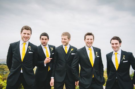 black suits and yellow ties for the groom and groomsmen! ~  we ❤ this! moncheribridals.com Black Wedding Suit Groom, Wedding Man Suit, Batman Wedding Theme, Black Groomsmen Suits, Wedding Attire For Men, Groom Suit Black, Yellow Wedding Colors, Batman Wedding, Groom Suit Grey