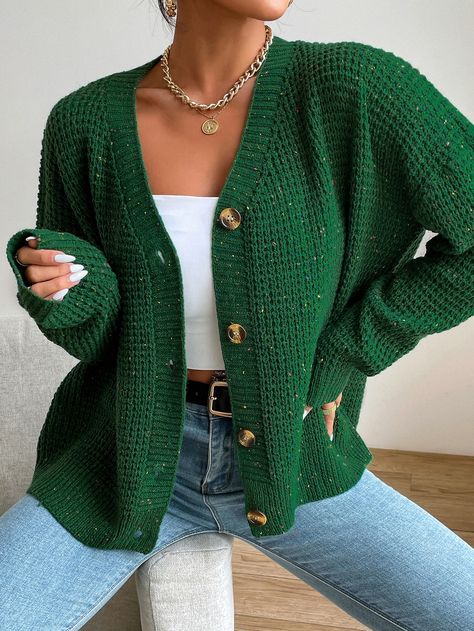 Dark Green Casual  Long Sleeve Acrylic Plain Cardigan  Slight Stretch Spring/Fall Women Knitwear Short Green Cardigan, What To Wear With Green Cardigan, Green Button Sweater Outfit, Green Knit Cardigan Outfits, Short Green Cardigan Outfit, How To Style Green Cardigan, Outfit With Green Cardigan, Cardigan Green Outfit, Green Cardigan Outfit Aesthetic