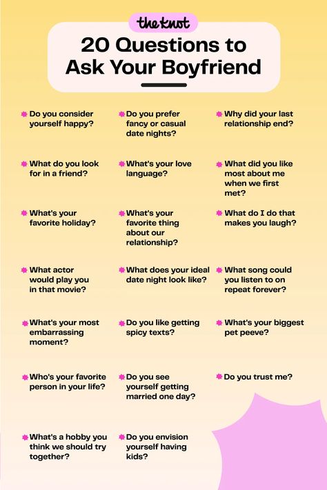 We've compiled the ultimate list of things to ask your boyfriend. Here, you'll find 230 deep, fun and juicy questions to ask your bf, spanning a variety of thought-provoking topics and subjects. Trick Questions To Ask Your Boyfriend, Hard Questions To Ask Your Boyfriend, Juicy Questions To Ask Your Boyfriend, Fun Questions To Ask Your Boyfriend, Questions To Ask Your Bf, Question To Ask Your Boyfriend, Juicy Questions To Ask, Things To Ask Your Boyfriend, Hard Questions To Ask