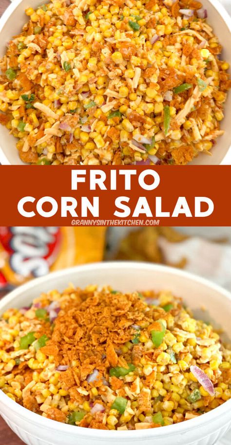 Frito Corn Salad Corn Salad With Fritos, Salad With Fritos, Frito Corn Salad, Potluck Appetizers, Chili Cheese Fritos, Crunchy Corn, Thanksgiving Salad, Salads To Go, Classic Salad