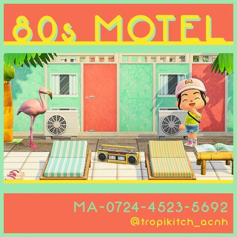 Some players asked me for the design codes of the motel panels that I made 🧡🥺🦩. It’s not a very elaborate design but they are now available… Acnh Motel Ideas, Retro Acnh Codes, Acnh Retro Designs, Acnh 80s, Acnh Tropicalcore, Acnh Retro, City Acnh, Hotel Codes, Acnh Beach