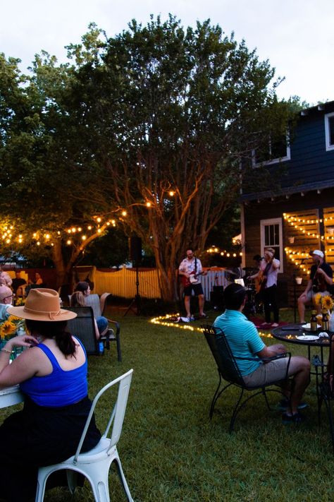 live music, a homemade twinkle lit stage, and good company make for the perfect evening Backyard Concert, Backyard Summer Party, Small Stage, Concert Party, Backyard Summer, Beer And Wine, Outdoor Concert, Music A, Cold Beer