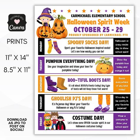 halloween spirit week flyer Halloween Theme Spirit Week, Theme Week Ideas For Work, Halloween Spirt Week Ideas School, October Spirit Week Ideas Preschool, Movie Spirit Week Ideas, Halloween Spirit Week Ideas For Preschool, Halloween Theme Week, Fall Spirit Week Ideas For Workplace, Halloween Spirit Week Ideas For Daycare